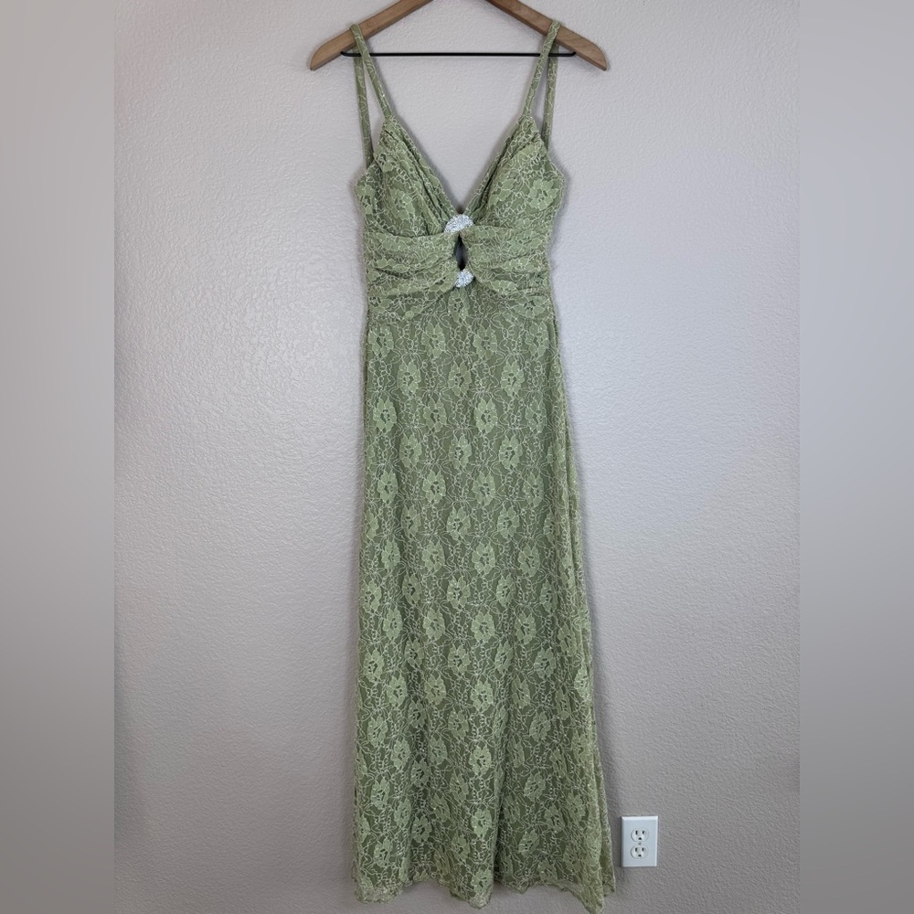 Vintage Bari Jay Sage Green Lace Metallic Maxi Gown Plunging Cutout Rhinestone